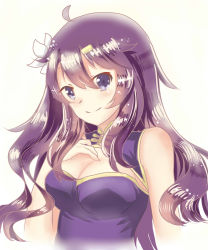 Rule 34 | 1girl, absurdres, ahoge, blue eyes, breasts, china dress, chinese clothes, cleavage, cleavage cutout, clothing cutout, cropped torso, dress, floating hair, hair ornament, hairclip, highres, long hair, medium breasts, mo qingxian, purple dress, purple hair, simple background, sleeveless, sleeveless dress, smile, solo, upper body, vocaloid, vocanese, white background, yaduo