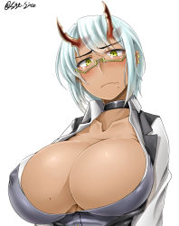 Rule 34 | 1girl, blush, breasts, cleavage, closed mouth, collarbone, ear piercing, glasses, hair ornament, highres, horns, huge breasts, mole, mole on breast, piercing, pointy ears, saizu nitou gunsou, short hair, silver hair, solo, upper body, yellow eyes