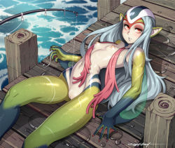 Rule 34 | 1girl, ao no roku-gou, arched back, ao no roku-gou, blush, breasts, claws, colored skin, erotibot, eyelashes, female focus, fins, fish girl, fishing line, fishing rod, green skin, long hair, looking at viewer, lying, monster girl, mutio, navel, nipples, on back, parted lips, pier, pointy ears, pussy, red eyes, silver hair, small breasts, solo, stomach, therianthrope, uncensored, very long hair, water, webbed hands, wet
