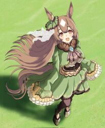 Rule 34 | 1girl, :d, animal ears, ascot, blush, brown ascot, brown hair, clothing cutout, dress, ear ornament, from above, green dress, hair between eyes, half updo, highres, horse ears, horse girl, horse tail, long hair, long sleeves, looking at viewer, looking up, masasim, multicolored hair, open mouth, satono diamond (umamusume), sleeves past fingers, sleeves past wrists, smile, solo, streaked hair, tail, tail through clothes, umamusume, very long hair