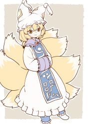 Rule 34 | 1girl, animal hat, ankle garter, blonde hair, blush, border, commentary request, dress, feet out of frame, fox tail, frilled shirt collar, frilled sleeves, frills, grey background, hair between eyes, hat, highres, looking at viewer, mob cap, multiple tails, no shoes, outline, outside border, poronegi, short hair, simple background, smile, socks, solo, standing, tabard, tail, touhou, white border, white dress, white hat, white outline, white socks, yakumo ran, yellow eyes