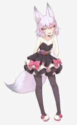 Rule 34 | absurdres, animal ears, bare arms, bare shoulders, black dress, black pantyhose, bow, collarbone, dress, dress bow, fangs, flower, fox ears, fox girl, fox tail, frilled dress, frills, full body, grey background, hand to own mouth, head tilt, highres, light purple hair, looking at viewer, nail polish, open mouth, pantyhose, phase connect, pink bow, pleated skirt, purple eyes, red nails, rose, sash, footwear flower, simple background, skirt, sleeveless, sleeveless dress, smile, smug, standing, tail, tenma maemi, valefal coneri, virtual youtuber