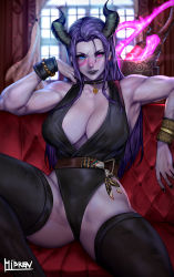 Rule 34 | 1girl, warrior of light (ff14), bare shoulders, belt, blue eyes, breasts, chair, choker, commentary, commission, earrings, english commentary, fictional persona, final fantasy, final fantasy xiv, heterochromia, hibren, highres, horns, jewelry, large breasts, leotard, long hair, looking at viewer, muscular, muscular female, parted lips, purple eyes, purple hair, scar, sitting, sleeveless, solo, spread legs, teeth, thighhighs