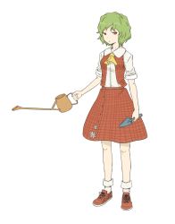 Rule 34 | 1girl, ascot, female focus, green hair, kawashina (momen silicon), kazami yuuka, plaid, plaid vest, red eyes, shovel, simple background, sleeves rolled up, socks, solo, standing, touhou, trowel, vest, watering can, white background, white socks, worktool, yellow ascot