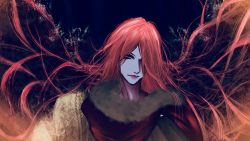 Rule 34 | 1girl, cape, closed mouth, elden ring, floating hair, fur collar, hair over one eye, highres, kur0zeu, long hair, looking at viewer, malenia blade of miquella, one eye covered, portrait, red cape, red eyes, red hair, solo