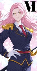 Rule 34 | 1girl, absurdres, black pants, epaulettes, gloves, gold trim, hand on own hip, highres, juiz (undead unluck), long hair, long sleeves, pants, pink hair, sheath, sheathed, shishiruto, solo, standing, sword, undead unluck, uniform, weapon, white gloves, yellow eyes