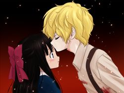 Rule 34 | 1boy, 1girl, aya drevis, bandages, black hair, blonde hair, blood, blue eyes, blunt bangs, blush, bow, dio (mad father), dress, game cg, good end, hair bow, hair ornament, hetero, kiss, kissing forehead, long hair, looking at another, mad father, open mouth, shirt, spoilers