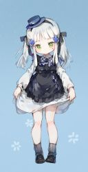 Rule 34 | 1girl, alternate hairstyle, black ribbon, blue background, blue hat, blush, bow, bowtie, checkered bow, checkered bowtie, checkered clothes, checkered neckwear, child, closed mouth, clothes lift, dress, dress lift, facial mark, girls&#039; frontline, green eyes, hair ornament, hair ribbon, hairband, hat, head tilt, highres, hk416 (black kitty&#039;s gift) (girls&#039; frontline), hk416 (girls&#039; frontline), imoko (imonatsuki), light particles, loafers, long hair, looking at viewer, official alternate costume, ribbed legwear, ribbon, shoes, sidelocks, silver hair, socks, solo, teardrop, twintails