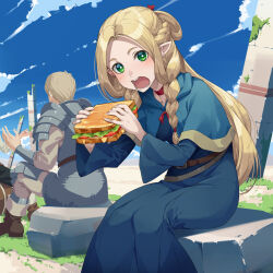 Rule 34 | 1girl, 2boys, absurdres, armor, blonde hair, blue capelet, blue robe, blue sky, braid, capelet, chilchuck tims, choker, cloud, day, dungeon meshi, elf, food, green eyes, highres, holding, holding food, hood, hooded capelet, laios touden, long hair, marcille donato, moss, mukunokino isshiki, multiple boys, multiple braids, open mouth, outdoors, plate armor, pointy ears, red choker, robe, rock, sandwich, sitting, sky