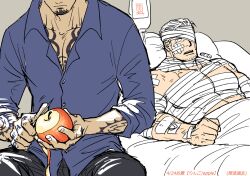 Rule 34 | 2boys, apple, bandage on face, bandage over one eye, bandaged arm, bandaged chest, bandaged head, bandaged neck, bandages, bandaid, bandaid on face, bara, couple, facial hair, food, fruit, goatee, intravenous drip, kokorozashi, large pectorals, male focus, mature male, medium sideburns, multiple boys, muscular, muscular male, naked bandage, one piece, out of frame, pectoral cleavage, pectorals, peeling, scar, scar on face, scar on forehead, short hair, sideburns stubble, smoker (one piece), sparse stubble, stitches, stubble, trafalgar law, tsurime, upper body, white hair, wide-eyed, yaoi