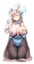 Rule 34 | 1girl, absurdres, animal ears, asuna (blue archive), asuna (bunny) (blue archive), bare shoulders, black pantyhose, blue archive, blue eyes, blue footwear, blue leotard, breasts, brown hair, collar, covering privates, covering breasts, fake animal ears, gloves, hair ribbon, high heels, highres, kneeling, large breasts, leotard, long hair, looking at viewer, mole, mole on breast, mung (larnec), open mouth, pantyhose, pasties, ribbon, shiny clothes, simple background, smile, solo, v, very long hair, white background, white gloves