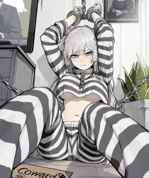 Rule 34 | 1girl, blue eyes, breasts, chain, chained, collar, stomach, gogalking, grey hair, highres, large breasts, long hair, maid (gogalking), navel, prison clothes, solo, underboob