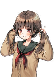 Rule 34 | 1girl, :t, black hair, blush, brown cardigan, bunching hair, cardigan, closed mouth, commentary request, green sailor collar, green shirt, hands up, long hair, long sleeves, looking at viewer, midorikawa you, neckerchief, original, pout, red eyes, red neckerchief, sailor collar, school uniform, serafuku, shirt, simple background, sleeves past wrists, solo, twintails, upper body, wavy mouth, white background