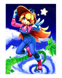 Rule 34 | 1girl, ;), absurdres, bean stalk, blonde hair, blue eyes, blue overalls, blue sky, boots, cappy (mario), climbing, cloud, collarbone, commentary, earrings, farmer, full body, gloves, hat, highres, jewelry, long hair, long sleeves, looking at viewer, mario (series), mouth hold, nintendo, one eye closed, outdoors, outstretched arm, overalls, pink footwear, pink shirt, princess peach, ravenousruss, shirt, sidelocks, sky, smile, solo, star (sky), sun hat, super mario odyssey, v, white gloves