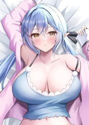 Rule 34 | 1girl, :o, absurdres, ahoge, armpits, bare shoulders, black ribbon, blue camisole, blue hair, blush, breasts, camisole, commentary request, elf, hair ornament, hair ribbon, highres, hololive, jacket, large breasts, light blue hair, long sleeves, looking at viewer, lying, midriff, multicolored hair, navel, off shoulder, on back, onabe no shime, open clothes, open jacket, pink jacket, pointy ears, pom pom (clothes), ribbon, sleeves past wrists, solo, strap slip, streaked hair, twintails, upper body, virtual youtuber, x hair ornament, yellow eyes, yukihana lamy