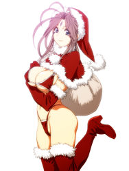 Rule 34 | 1girl, aa megami-sama, antenna hair, ass, bag, belldandy, bikini, bikini top only, blue eyes, boots, breasts, brown hair, carrying, christmas, cleavage, elbow gloves, facial mark, feet, forehead mark, fur trim, gloves, groin, hat, highres, holding, joy division, large breasts, legs, light smile, long hair, looking at viewer, navel, on shoulder, santa costume, santa hat, simple background, smile, solo, standing, swimsuit, thigh boots, thighhighs, thighs, thong, white background