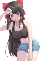 Rule 34 | 1girl, absurdres, alternate costume, black eyes, black hair, black sports bra, bow, breasts, bright pupils, cleavage, commentary request, contrapposto, cookie (touhou), cowboy shot, denim, denim shorts, frilled bow, frills, hair bow, hair tubes, hakurei reimu, highres, ikikiksgiksg, large breasts, leaning forward, long hair, looking at viewer, navel, open mouth, red bow, shinonome (cookie), shorts, simple background, solo, sports bra, touhou, very long hair, white background, white pupils