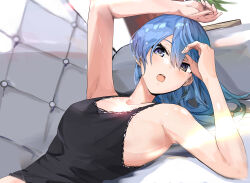 Rule 34 | 1girl, :o, alternate eye color, arm up, armpits, black camisole, blue eyes, blue hair, breasts, camisole, casual, couch, funi mu9, grey eyes, hair down, highres, hololive, hoshimachi suisei, looking at viewer, lying, medium hair, on back, on couch, open mouth, small breasts, solo, sweat, upper body, virtual youtuber