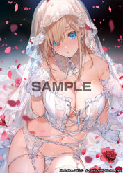 Rule 34 | 1girl, arm support, bare shoulders, blue eyes, blush, breasts, bridal veil, bride, bustier, choker, cleavage, collarbone, dress, earrings, frills, garter belt, gloves, head tilt, jewelry, large breasts, light brown hair, long hair, looking at viewer, mimoza (96mimo414), navel, open mouth, original, panties, panties over garter belt, panty pull, petals, sidelocks, sitting, solo, stomach, thighs, underwear, veil, white gloves, white panties