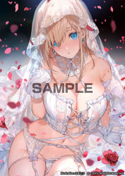 1girl arm_support bare_shoulders blue_eyes blush breasts bridal_veil bride bustier choker cleavage collarbone dress earrings frills garter_belt gloves head_tilt jewelry large_breasts light_brown_hair long_hair looking_at_viewer mimoza_(96mimo414) navel open_mouth original panties panties_over_garter_belt panty_pull petals sidelocks sitting solo stomach thighs underwear veil white_gloves white_panties