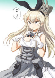 Rule 34 | 1girl, blonde hair, breast conscious, cleavage cutout, clothing cutout, commentary request, conte di cavour (kancolle), conte di cavour (kancolle) (cosplay), conte di cavour nuovo (kancolle), corset, cosplay, cowboy shot, creature on head, dress, flat chest, frilled dress, frills, fuji (pixiv24804665), gloves, grey dress, grey eyes, highres, kantai collection, layered dress, long hair, rensouhou-chan, shimakaze (kancolle), two-tone dress, white dress, white gloves