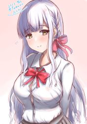Rule 34 | 1girl, arms behind back, assault lily, blunt bangs, bow, bowtie, braid, breasts, button gap, buttons, closed mouth, collared shirt, commentary request, dated, dress shirt, gradient background, grey hair, grey skirt, hair bow, heart, kon kanaho, large breasts, long hair, long sleeves, looking at viewer, pink background, pleated skirt, red bow, red bowtie, school uniform, shirt, shirt tucked in, side braid, sidelocks, skirt, smile, solo, standing, tamaao (tamaao31241), twitter username, upper body, very long hair, white background, yellow eyes