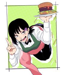 Rule 34 | 1girl, apron, black bow, black bowtie, black hair, bow, bowtie, burger, carrying, carrying person, chainsaw devil, chainsaw man, collared shirt, food, french fries, green apron, greyscale, hair ornament, hairclip, higashiyama kobeni, highres, holding, holding plate, midair, monochrome, nervous, plate, shirt, short hair, short ponytail, single sidelock, snot, solo focus, ten ten 10 10, tentacles, two-tone background, v, yellow background