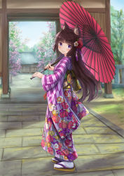 Rule 34 | 1girl, absurdres, animal ear fluff, animal ears, blush, brown footwear, brown hair, cat ears, closed mouth, commentary request, day, floral print, furisode, highres, holding, holding umbrella, iroha (iroha matsurika), japanese clothes, kimono, long hair, long sleeves, looking at viewer, looking back, mutsuki (iroha (iroha matsurika)), obi, oil-paper umbrella, original, outdoors, print kimono, purple eyes, red umbrella, sandals, sash, smile, socks, solo, tabi, umbrella, very long hair, white socks, wide sleeves, yagasuri, zouri