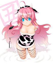 Rule 34 | 1girl, ahoge, animal costume, animal ears, animal print, arms behind back, blue eyes, blush, bottle, breasts, cleavage, cow costume, cow ears, cow girl, cow horns, cow print, cow tail, fishnet thighhighs, fishnets, horns, ism, ism (inc), large breasts, long hair, milk, original, pink hair, ripples, smile, solo, tail, thighhighs, very long hair, wading