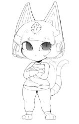 Rule 34 | 1girl, :&lt;, absurdres, afterimage, animal crossing, animal ears, ankha (animal crossing), bandages, bob cut, cat ears, cat tail, closed mouth, crossed arms, full body, greyscale, hair ornament, highres, looking at viewer, monochrome, nintendo, niwarhythm, short hair, simple background, slit pupils, snake hair ornament, solo, standing, tail, tail wagging, white background