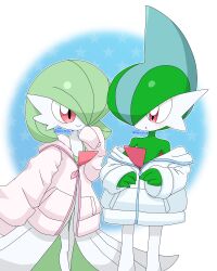 Rule 34 | 1boy, 1girl, absurdres, arm at side, artist name, blue background, blue hair, blue jacket, blush, bob cut, closed mouth, clothed pokemon, colored skin, creatures (company), eye contact, flat chest, gallade, game freak, gardevoir, gen 3 pokemon, gen 4 pokemon, green hair, green skin, hair over one eye, hand to own mouth, hand up, happy, highres, jacket, looking at another, meru (mer milky77), mohawk, multicolored hair, multicolored skin, nintendo, off shoulder, one eye covered, open mouth, outline, oversized clothes, own hands together, pink jacket, pocket, pokemon, pokemon (creature), red eyes, short hair, signature, sleeves past fingers, sleeves past wrists, smile, standing, star (symbol), starry background, twitter username, two-tone hair, two-tone skin, white outline, white skin, zipper pull tab