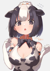 Rule 34 | 1girl, animal ears, animal print, bare shoulders, black bow, black bowtie, black hair, blush, bow, bowtie, collared shirt, commentary request, cow ears, cow girl, cow print, ears down, elbow gloves, extra ears, flying sweatdrops, gloves, hair between eyes, hair bun, highres, holstein friesian cattle (kemono friends), kemono friends, looking at viewer, multicolored hair, noamem, print shirt, shirt, short hair, sleeveless, solo, two-tone hair, upper body, white gloves, white hair