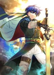 Rule 34 | 1boy, armor, blue eyes, blue hair, cape, fingerless gloves, fire emblem, fire emblem: path of radiance, gloves, headband, highres, ike (fire emblem), looking at viewer, male focus, nintendo, ragnell, short hair, simple background, solo, sword, tdob mk2, weapon