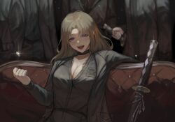 Rule 34 | 1girl, 3others, black choker, black coat, black shirt, blue eyes, breasts, brown hair, chest tattoo, choker, cindymeimezu, cleavage, coat, coin, commentary, couch, hand in pocket, head out of frame, highres, holding, holding sword, holding weapon, katana, large breasts, limbus company, long hair, mole, mole under eye, multiple others, on couch, open mouth, project moon, rodion (project moon), scabbard, sheath, sheathed, shirt, sitting, solo focus, sparkle, standing, sword, tattoo, teeth, tongue, weapon