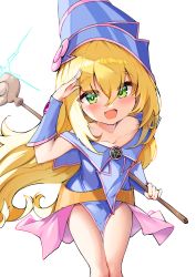 Rule 34 | 1girl, :d, aged down, bare legs, bare shoulders, blonde hair, blue hat, blush, breasts, child, cleavage, collarbone, dark magician girl, duel monster, feet out of frame, green eyes, hair between eyes, hand up, hat, highres, holding, long hair, looking at viewer, off shoulder, open mouth, simple background, smile, solo, staff, white background, wizard hat, wo chi xiangjiao pi, yu-gi-oh!
