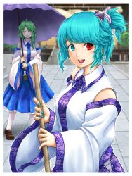 Rule 34 | 2girls, :d, alternate costume, bare shoulders, blue hair, blue sky, breasts, broom, brown footwear, closed eyes, closed mouth, collared shirt, commentary request, cosplay, detached sleeves, frog hair ornament, green hair, hair ornament, heterochromia, highres, holding, holding broom, holding umbrella, kochiya sanae, kochiya sanae (cosplay), loafers, long hair, long sleeves, medium breasts, moriya shrine, multiple girls, nontraditional miko, open mouth, parasite oyatsu, red eyes, shirt, shoes, short hair, short ponytail, shrine, single sidelock, sky, smile, snake hair ornament, socks, tatara kogasa, touhou, umbrella, upper body, white shirt, white sleeves, white socks, wide sleeves