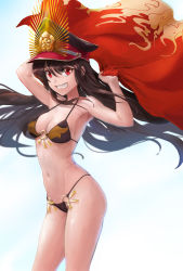 Rule 34 | 1girl, bare shoulders, bikini, black bikini, black hair, black hat, breasts, coat, collarbone, crest, family crest, fate/grand order, fate (series), grin, hat, headphones, headphones around neck, long hair, looking at viewer, medium breasts, navel, o-ring, o-ring bikini, oda nobunaga (fate), oda nobunaga (koha-ace), oda nobunaga (swimsuit berserker) (fate), oda nobunaga (swimsuit berserker) (second ascension) (fate), oda uri, open clothes, open coat, peaked cap, red coat, red eyes, smile, solo, sterben, swimsuit, thighs