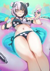 Rule 34 | 1girl, absurdres, alcohol, bikini, black bikini, black hair, breasts, cellphone, cocktail, cocktail glass, cocktail umbrella, cup, day, double bun, drinking glass, drinking straw, hair bun, hair ornament, hair scrunchie, highres, holding, holding phone, hololive, hololive english, innertube, large breasts, multicolored hair, navel piercing, outdoors, phone, piercing, pinepizza, purple hair, scrunchie, shiori novella, smartphone, solo, split-color hair, swim ring, swimsuit, two-tone bikini, two-tone hair, virtual youtuber, white bikini, wrist scrunchie, yellow eyes