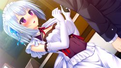 Rule 34 | 1girl, blush, breasts, cleavage, drawing (object), dutch angle, elbow gloves, game cg, giga (company), gloves, izumo kasumi (ren&#039;ai phase), large breasts, long hair, looking at another, maid, maid headdress, nironiro, open mouth, pink eyes, ponytail, ren&#039;ai phase, smile, solo focus, standing, white hair