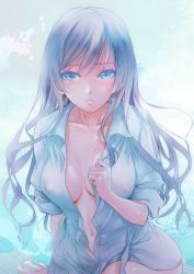 Rule 34 | 1girl, black hair, blue eyes, blue hair, blush, breasts, cleavage, fujisaka kuuki, hand on own chest, long hair, looking at viewer, matching hair/eyes, navel, nipples, no bra, open clothes, open mouth, open shirt, original, see-through, shirt, sleeves rolled up, solo