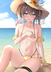Rule 34 | 1girl, absurdres, bare shoulders, beach, bikini, bikini bottom only, blue eyes, blue sky, blush, breasts, brown hair, collarbone, covering privates, covering breasts, hat, highleg, highleg bikini, highres, hololive, knee up, long hair, looking at viewer, monaka curl, natsuiro matsuri, natsuiro matsuri (summer 2020), navel, open mouth, shore, sidelocks, sitting, sky, small breasts, solo, straw hat, swimsuit, topless, twintails, virtual youtuber, yellow bikini
