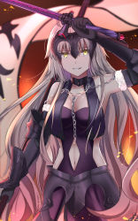 Rule 34 | 1girl, armor, armored dress, breasts, chain, clothing cutout, cowboy shot, fate/grand order, fate (series), fur trim, grey hair, headpiece, highres, jeanne d&#039;arc (fate), jeanne d&#039;arc alter (avenger) (fate), jeanne d&#039;arc alter (avenger) (third ascension) (fate), jeanne d&#039;arc alter (fate), long hair, medium breasts, navel, navel cutout, sii artatm, solo, sword, very long hair, weapon, yellow eyes