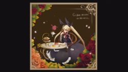 Rule 34 | 1girl, arc system works, bat (animal), blazblue, blazblue: calamity trigger, blonde hair, cat, cup, dress, food, gii, gothic lolita, lolita fashion, long hair, nago, official art, rachel alucard, red eyes, ribbon, sleeping, solo, sweets, table, teacup, teapot, translated, twintails
