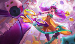 Rule 34 | 1girl, bad source, bare shoulders, bracelet, chenbo, choker, collarbone, disco ball, dress, green eyes, grin, gwen (league of legends), holding sewing needle, indoors, jewelry, league of legends, long hair, nail polish, official alternate costume, official art, orange dress, oversized object, pants, pink eyes, pink hair, pink pants, scissors, see-through, see-through dress, smile, solo, space groove gwen, teeth, twintails