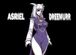 Rule 34 | 1girl, arms at sides, asriel dreemurr, bad id, bad pixiv id, black sclera, blue dress, breasts, character name, colored sclera, colored skin, covered navel, cowboy shot, curvy, dress, facial mark, genderswap, genderswap (mtf), goat horns, grin, heart, heart necklace, horns, jmg, large breasts, long hair, long sleeves, looking at viewer, monster girl, necklace, pelvic curtain, red eyes, smile, solo, undertale, white hair, white skin