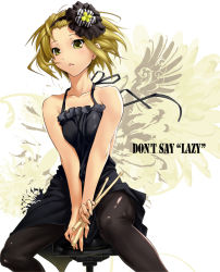 Rule 34 | 00s, 1girl, :&lt;, bare shoulders, blonde hair, don&#039;t say &quot;lazy&quot;, dress, drumsticks, female focus, hair ornament, halterneck, k-on!, nilitsu, pantyhose, short hair, sitting, solo, stool, tainaka ritsu, wings, yellow eyes