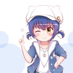 Rule 34 | 1girl, ;), animal ears, animal hat, badge, blue hair, blue jacket, blush, brown eyes, button badge, cabbie hat, closed mouth, collarbone, commentary request, drawstring, fake animal ears, fang, fang out, gochuumon wa usagi desu ka?, goth risuto, hair between eyes, hand on own hip, hand up, hat, hood, hood down, hooded jacket, index finger raised, jacket, jewelry, jouga maya, one eye closed, open clothes, open jacket, pendant, shirt, short sleeves, short twintails, smile, solo, star (symbol), twintails, upper body, white background, white hat, white shirt