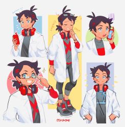 Rule 34 | 1boy, aged up, antenna hair, bespectacled, black hair, blouse, blue eyes, blush, closed mouth, commentary request, creatures (company), eyelashes, game freak, glasses, goh (pokemon), grey footwear, grey shirt, hands in pockets, headphones, highres, holding, holding phone, lab coat, male focus, multiple views, nintendo, notice lines, pants, phone, pokemon, pokemon (anime), pokemon journeys, shirt, shoes, short hair, smile, soulubles, split mouth, standing