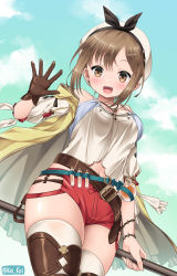 Rule 34 | 1girl, :d, atelier (series), atelier ryza, atelier ryza 1, belt, blush, breasts, brown eyes, brown gloves, brown hair, brown thighhighs, cleavage, commentary request, gloves, hair ornament, hairclip, hat, jewelry, kei kei, looking at viewer, medium breasts, navel, necklace, open mouth, red shorts, reisalin stout, salute, short hair, short shorts, shorts, single glove, smile, solo, star (symbol), thighhighs, thighs, twitter username, white hat, white thighhighs