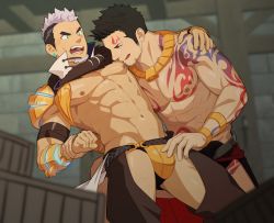 Rule 34 | abs, bara, beard, black hair, blue eyes, blush, cowboy shot, facial hair, green eyes, gyee, imminent fellatio, itto (mentaiko), jewelry, large pectorals, long sideburns, male focus, manly, multicolored hair, multiple boys, muscular, navel, nipples, open mouth, pectorals, priapus (gyee), topless male, smile, standing, su (gyee), tattoo, thighs, tongue, tongue out, upper body, white hair, yaoi